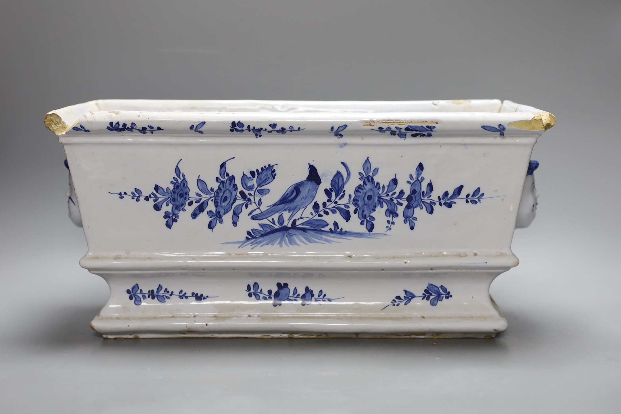 An 18th century Delftware rectangular planter, 19 cms high x 41 wide